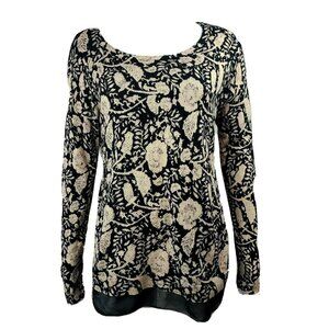 Lucky‎ Brand Top Womens M Medium Black Tan Floral Long Sleeve Sheer Detail